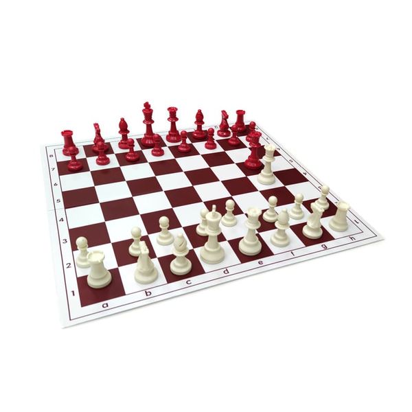 Шахматный набор: доска, мешочек, фигуры без утяжелителя бело-красные E681 фото